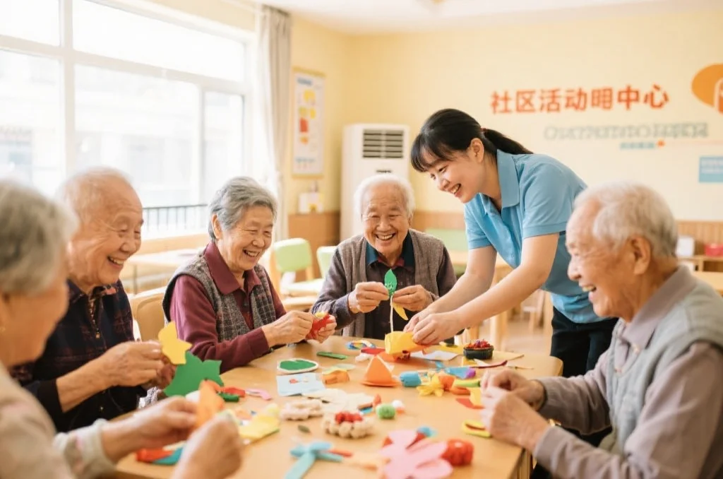 老年人在社区活动中心愉快地参与手工制作